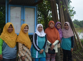7 - Members of the Kampai women’s group in front of the community notice board where they record their test results