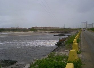 Access dam blocking the free flow of water in and out of the Tatuoca estuary